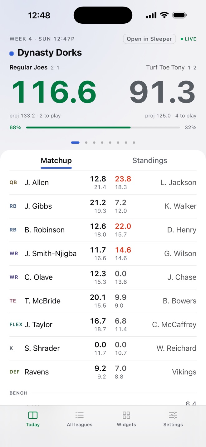 The Today screen showing a live matchup and both starting lineups