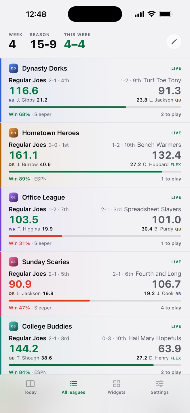 The All leagues screen listing five matchups with scores and win percentages