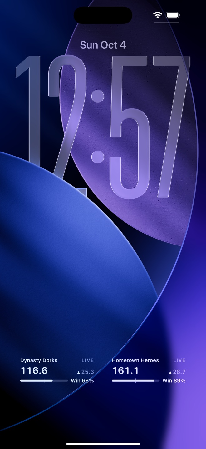 Lock Screen with two Sideline widgets showing scores and chance of winning