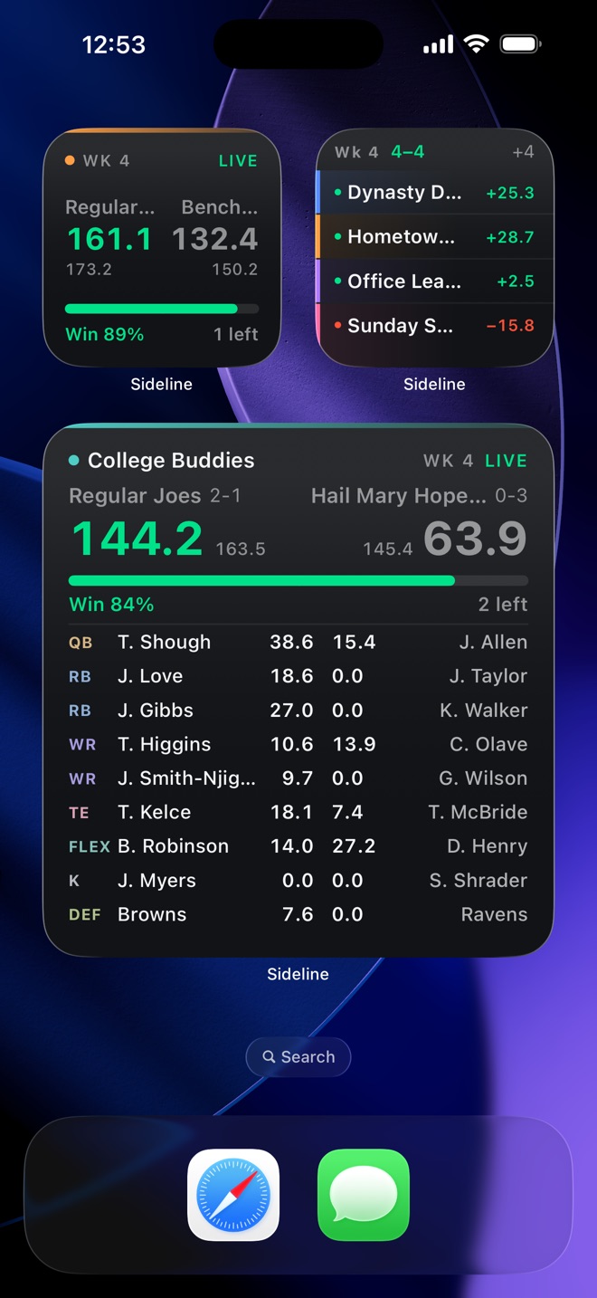 Home Screen with small, medium and large Sideline widgets showing live matchups