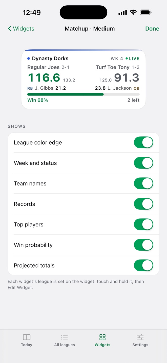 The Customize screen with switches for what a widget shows